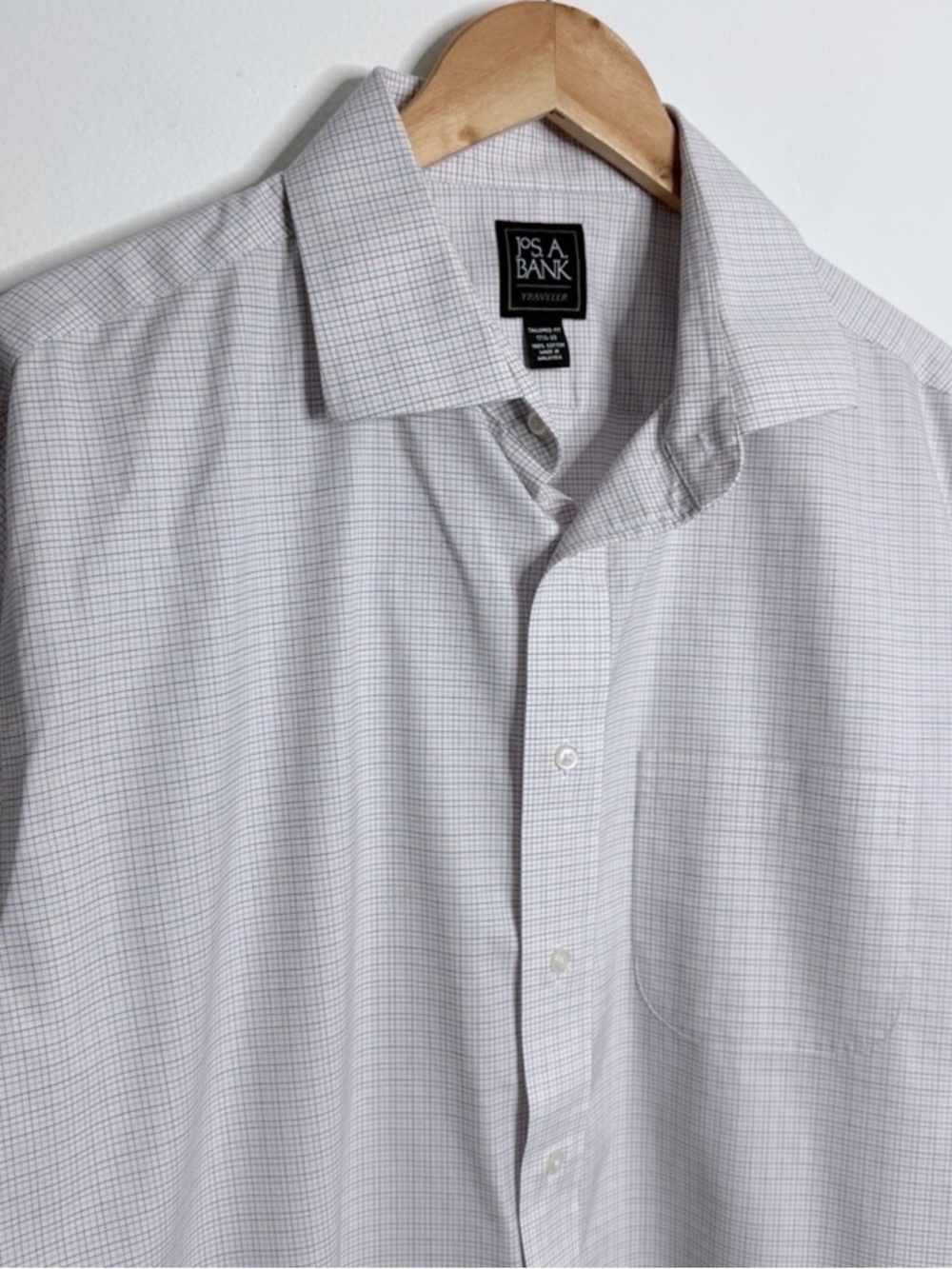 NWOT Jos. A. Bank Traveler Tailored Fit White Plaid Button Down Shirt 17‎ 1/2